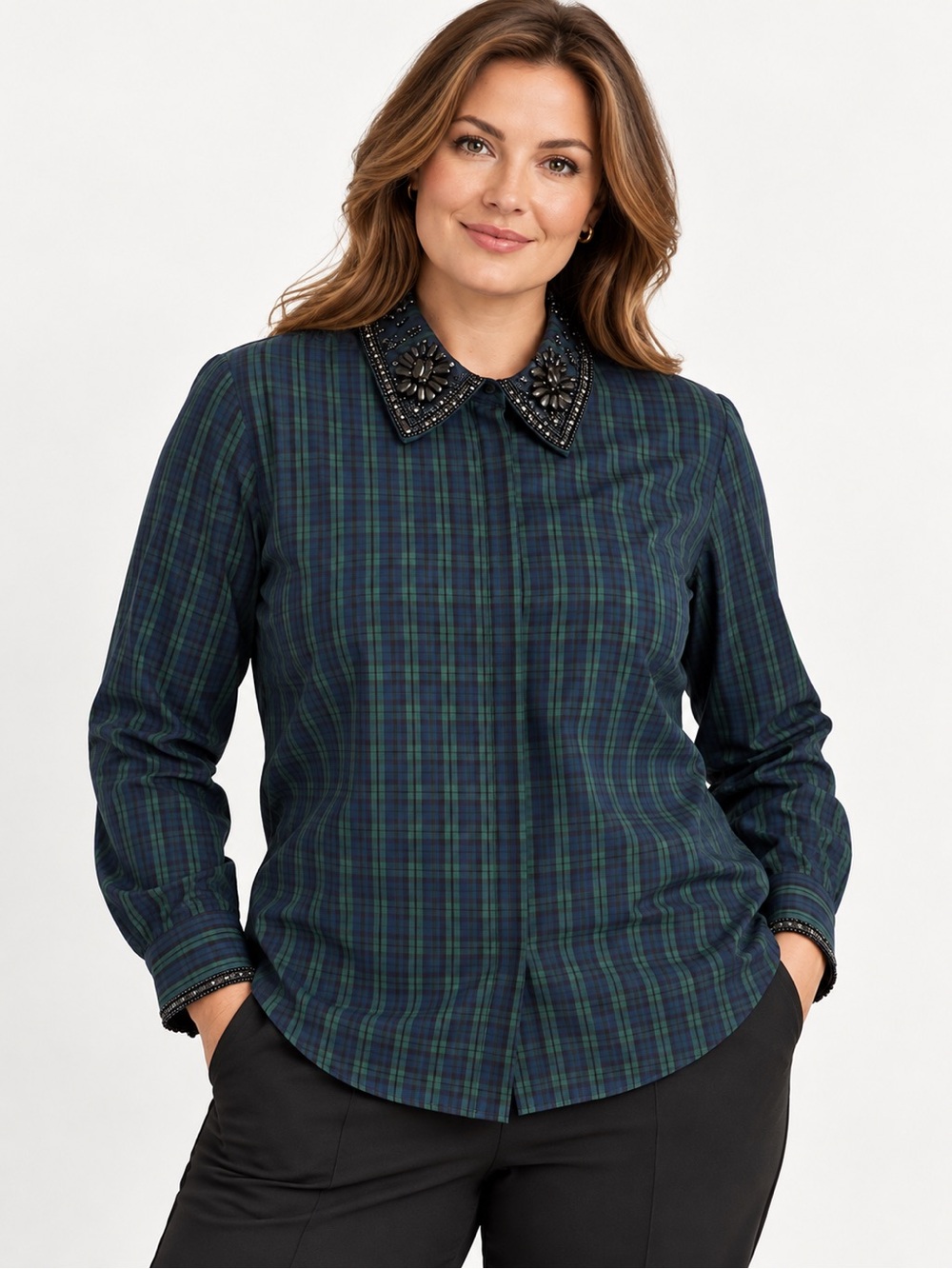 Brooks Brothers Beaded-Collar Plaid Button-Down — Navy & Green